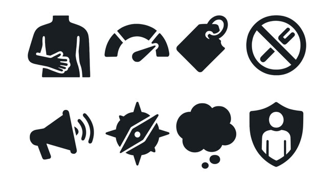 Solid style icons of intuitive eating: body cues icon, satisfaction meter, food freedom tag, no diet symbol, hunger signal, cravings compass, fullness bubble, trust body badge.