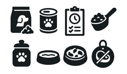 Solid style icons of pet feeding habits: dry food bag, wet food can, feeding schedule, portion scoop, treat jar, fresh water bowl, slow feeder, food allergy tag.