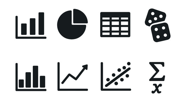 Solid style icons of data and statistics: bar chart, pie chart, data table, probability dice, histogram, graph trend, correlation plot, statistical formula.