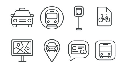 Line style icons of local transportation: taxi icon, subway badge, bus stop tag, bike rental file, local map board, ride share chart, transport pass bubble, city transport symbol.