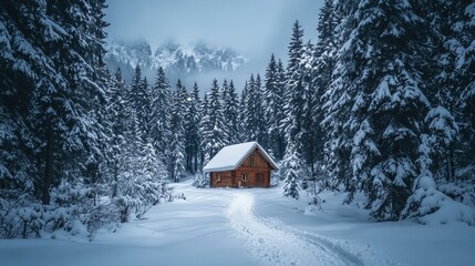 A peaceful, snow-covered forest showcases a small cabin nestled amongst the trees.