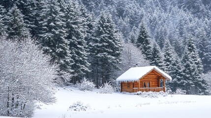 A serene, snow-covered forest showcases a small cabin nestled amongst the trees.