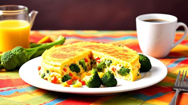 Vegetable Omelet with Broccoli Orange Juice and Coffee on Colorful Tablecloth in Bright Kitchen Setting