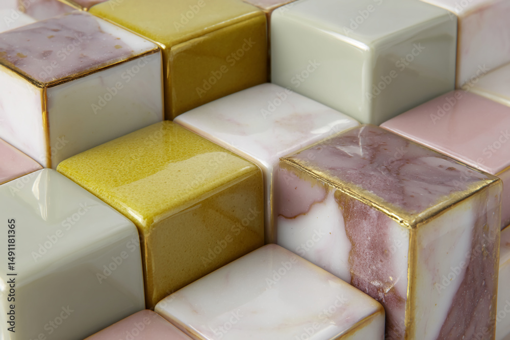 Poster close-up of multicolored cubic textures, pastel shades, gold accents, creating an abstract geometric
