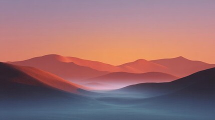 Landscape photograph of a mountain range at sunset. the sky is a gradient of orange and pink hues, with the sun setting in the background.