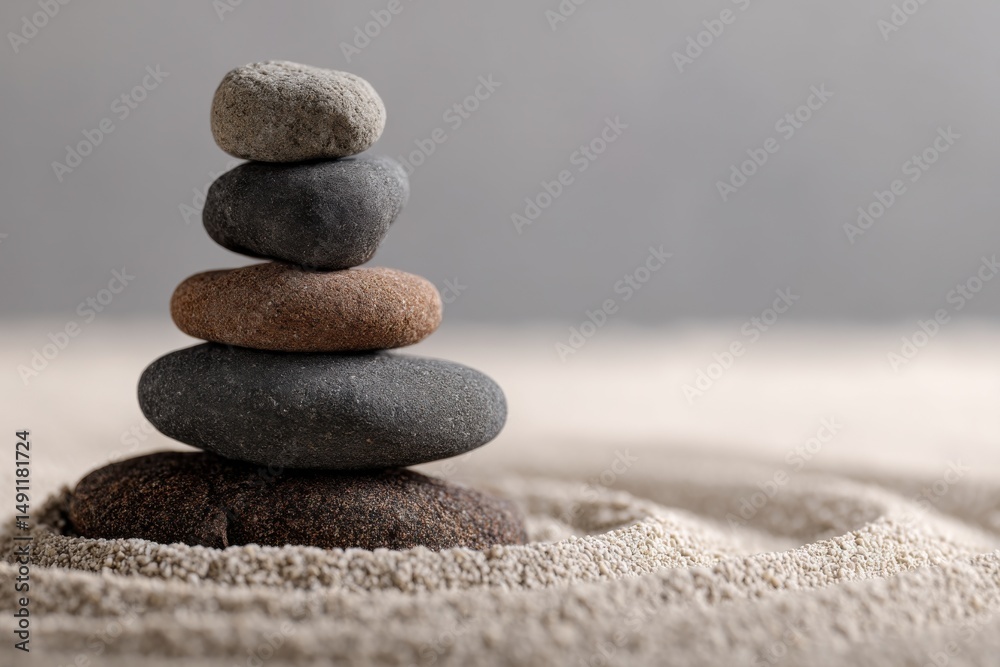 Aufkleber stacked stones on sand, representing balance and mindfulness for wellness and meditation practices :