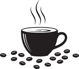 A steaming cup of coffee with scattered coffee beans illustration