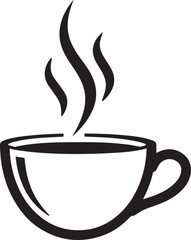 A simple black and white illustration of a hot cup of coffee or tea
