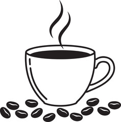 A steaming cup of coffee with coffee beans illustration graphic design
