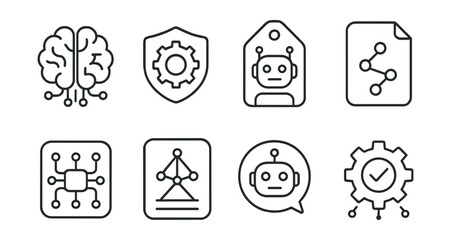 Line style icons of artificial intelligence: AI brain icon, machine learning badge, robot tag, algorithm file, neural network board, AI model chart, intelligent assistant bubble, automated system