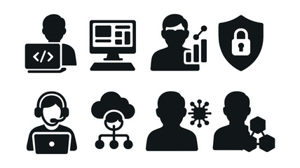 Solid style icons of tech and digital careers: software developer, UI/UX designer, data scientist, cybersecurity shield, IT support, cloud engineer, AI specialist, blockchain developer.