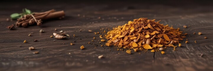 Obraz premium Dark wood table, scattered dried turmeric, coriander, cinnamon, still life, aroma, ingredient