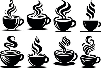 Collection of eight stylized black coffee cups with steam