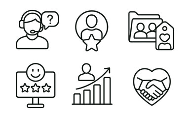 Line style icons of customer relations: client support icon, customer feedback badge, loyalty program tag, client meetings file, customer satisfaction board, service evaluation chart, relationship