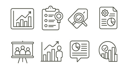 Line style icons of market research: market trends icon, consumer survey badge, competitor research tag, product analysis file, focus group board, consumer behavior chart, research report bubble,