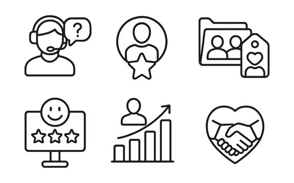 Line style icons of customer relations: client support icon, customer feedback badge, loyalty program tag, client meetings file, customer satisfaction board, service evaluation chart, relationship