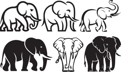Six stylized elephant illustrations black and white vector graphics