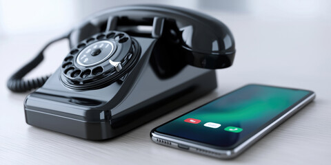 Vintage telephone and modern smartphone side by side on a wooden surface