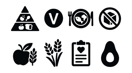 Solid style icons of nutrition and diet: food pyramid, vitamin icon, balanced meal, low sugar icon, fiber-rich food, whole grains, diet plan, healthy fat.
