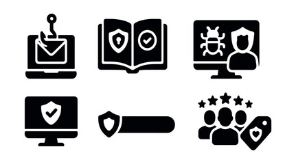 Solid style icons of cybersecurity training: phishing test, secure habits guide, user awareness badge, simulated breach, compliance module, training progress bar, team security score, security
