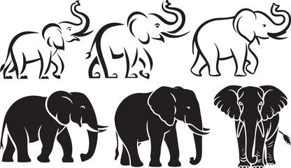 Six stylized elephant illustrations black and white vector graphics