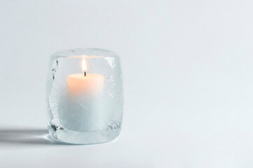 A burning candle inside an ice cube. Space for text.