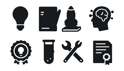 Solid style icons of innovation and invention: lightbulb gear icon, prototype sketch, invention model, think tank icon, creative idea badge, invention test icon, build tool, patent paper.