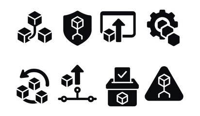 Solid style icons of blockchain upgrades and forks: soft fork icon, hard fork badge, version upgrade, protocol update, backward compatibility, upgrade timeline, voting phase, fork alert.