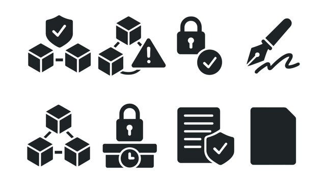 Solid style icons of blockchain security: 51% attack icon, double-spend warning, private key icon, signature verification, reorg risk, time lock icon, secure ledger, audit trail.
