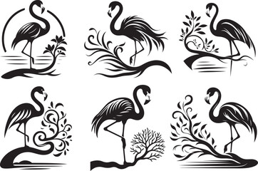 Naklejka premium Six elegant black and white flamingo designs with ornate floral accents
