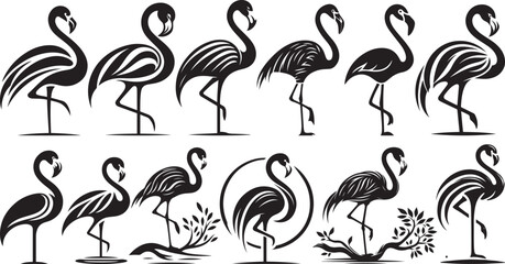Six elegant black and white flamingo designs with ornate floral accents