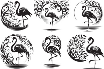 Six elegant black and white flamingo designs with ornate floral accents © SaHeD