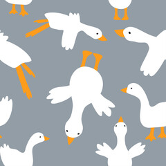 Seamless pattern with white goose on grey background, cartoon style, could be used as print, texture, wallpaper 