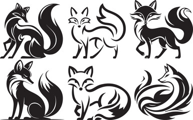 Six stylish black and white fox designs collection for branding and decoration