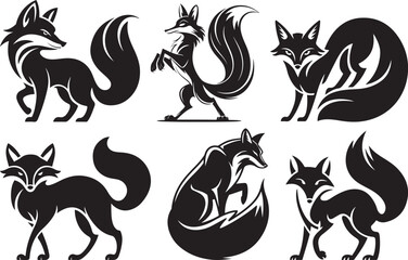 Six stylish black and white fox silhouettes in various poses