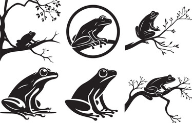 Collection of six black silhouettes of frogs sitting on tree branches