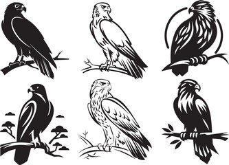 Six black and white stylized eagle illustrations perched on branches