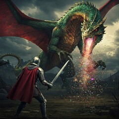 A knight with a sword fights a confetti-spewing dragon.