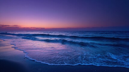 Obraz premium Ocean Waves at Twilight With Deep Blue Water, Evoking Serenity and Coastal Tourism, Ideal for Travel and Relaxation Campaigns : Generative AI