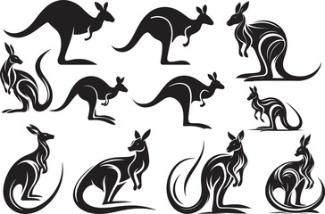 Collection of stylized black kangaroo silhouettes in various poses for logo design