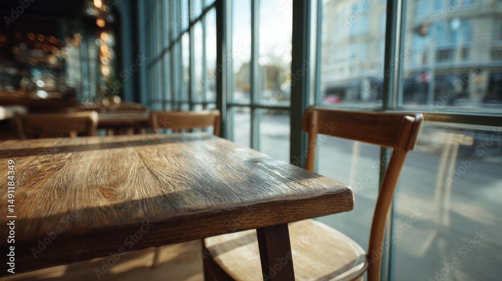Poster empty wooden table and chairs in a bright cafe, suggesting hospitality and a relaxing meeting place 