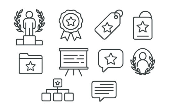 Line style icons of lifetime achievements: lifetime achievement icon, recognition award badge, career milestone tag, exceptional service file, long-term contribution board, legacy chart, lifetime