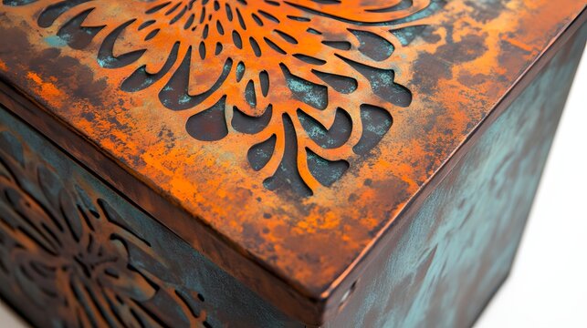 Ornate, decorative, copper-toned box with intricate cutout design.