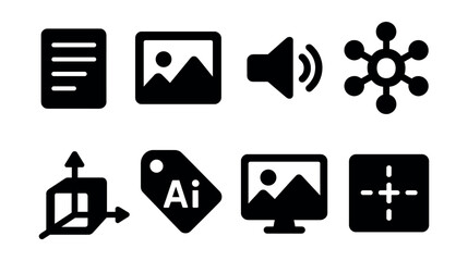 Solid style icons of generative AI systems: text generator, image synthesis, voice cloning, generative model node, latent code icon, AI creativity tag, sample preview, diffusion block.