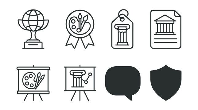 Line style icons of cultural trophies: cultural icon trophy, art competition badge, heritage award tag, tradition recognition file, community art board, cultural event chart, cultural performance