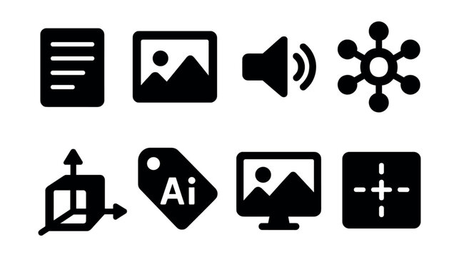 Solid style icons of generative AI systems: text generator, image synthesis, voice cloning, generative model node, latent code icon, AI creativity tag, sample preview, diffusion block.