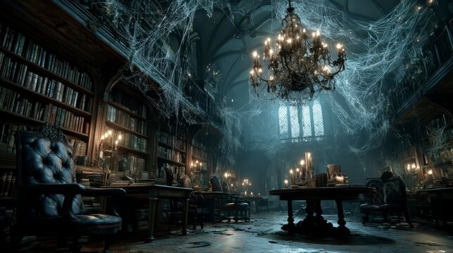 Eerie Library with Spiderwebs and Antique Furniture Mysterious Atmosphere for Halloween or Got