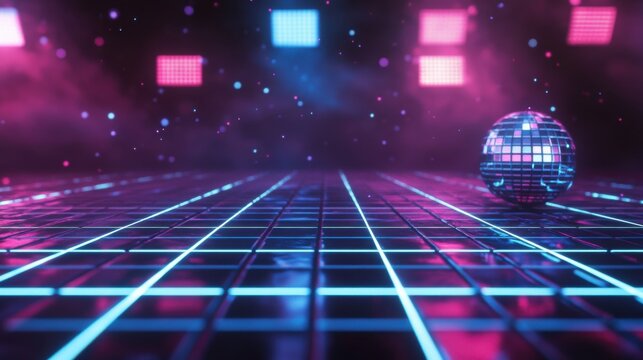 Futuristic Neon Disco Scene with Glittering Ball and Colorful Lights
