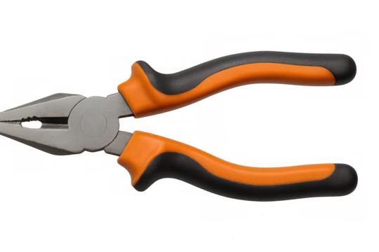 Combination pliers with orange and black handles isolated on transparent background, ready for gripping, cutting, and bending