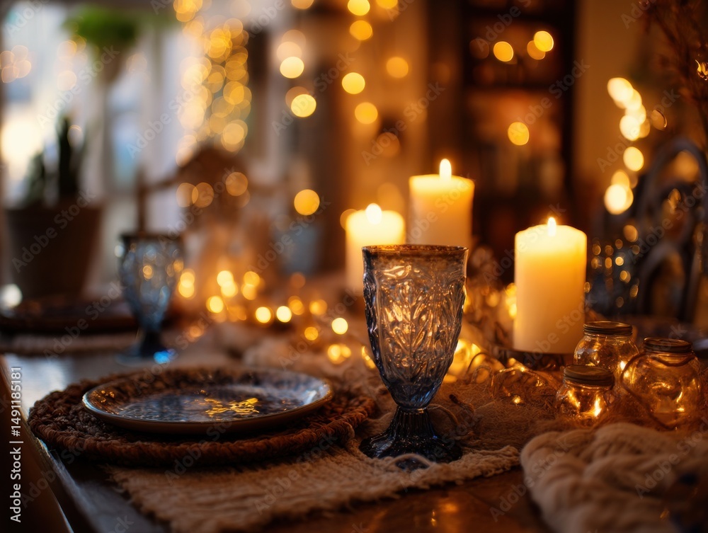 Poster elegant table setting with candles and bokeh lights, representing warmth and holiday celebration, pe